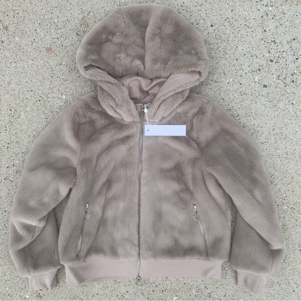 NWT Jonathan Simkhai Standard pale taupe brown hooded fleece jacket